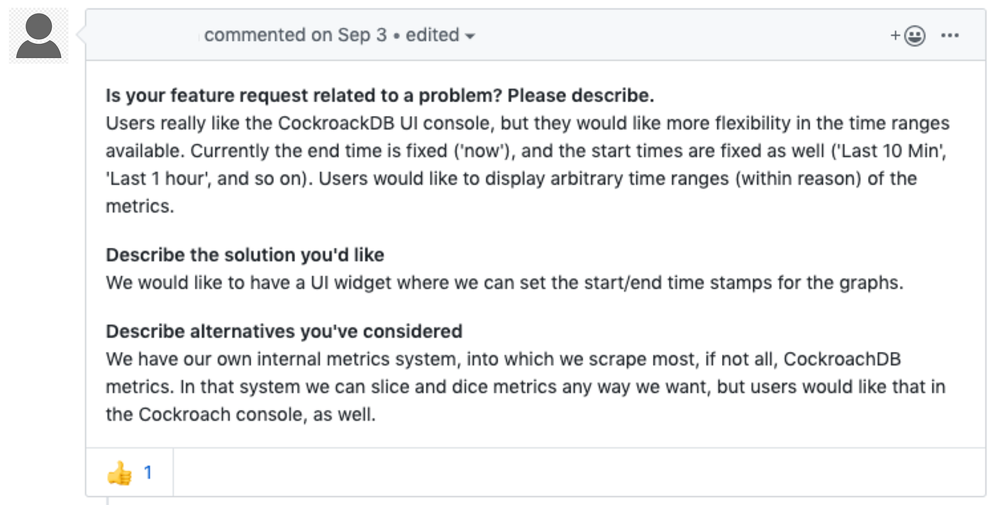 Example of a customer ticket filed on GitHub