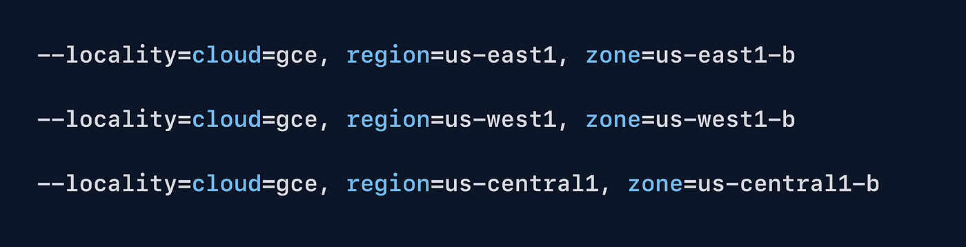 Example of CockroachDB locality configurations