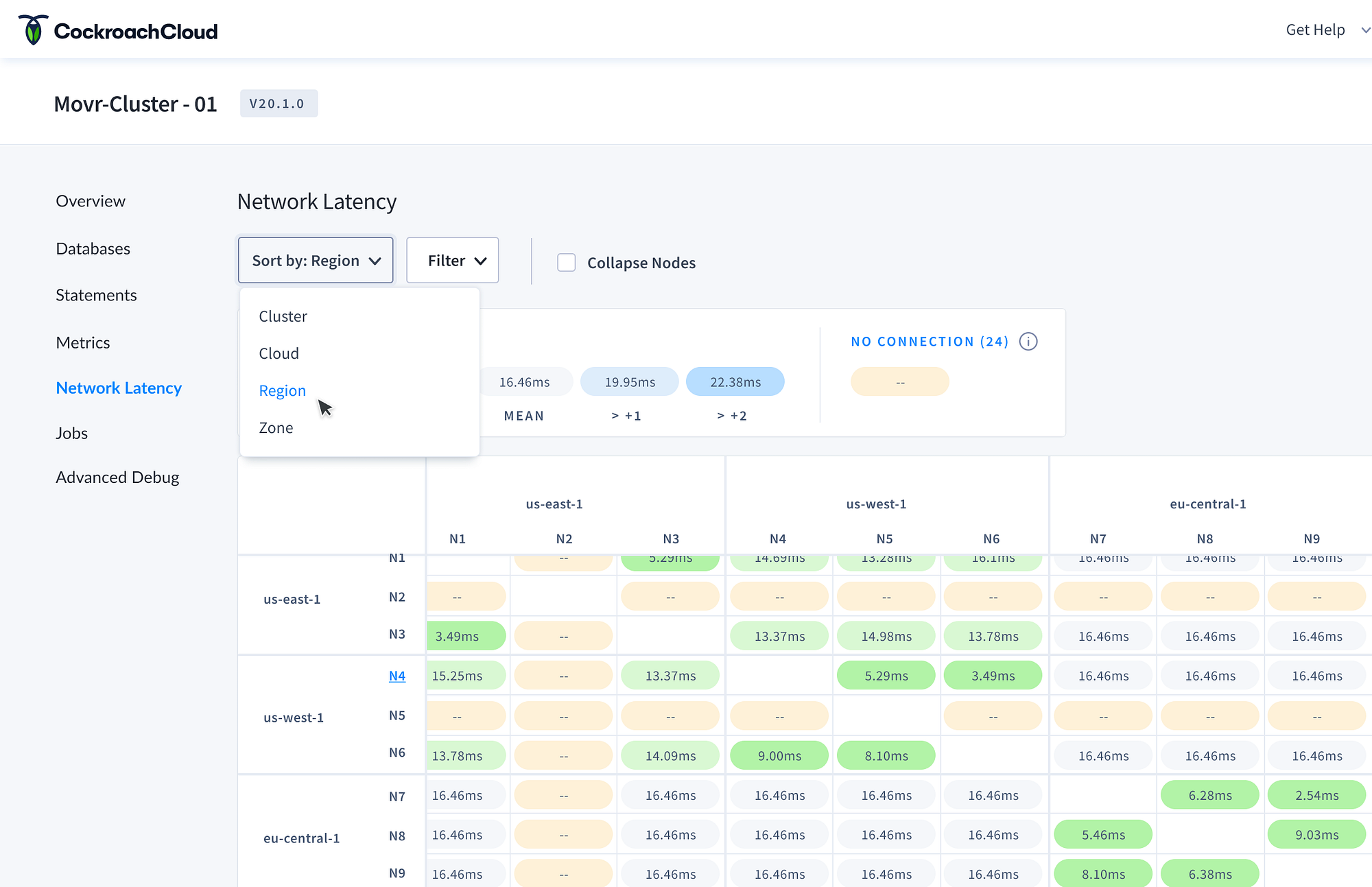 Network Latency page sort by locality tier dropdown