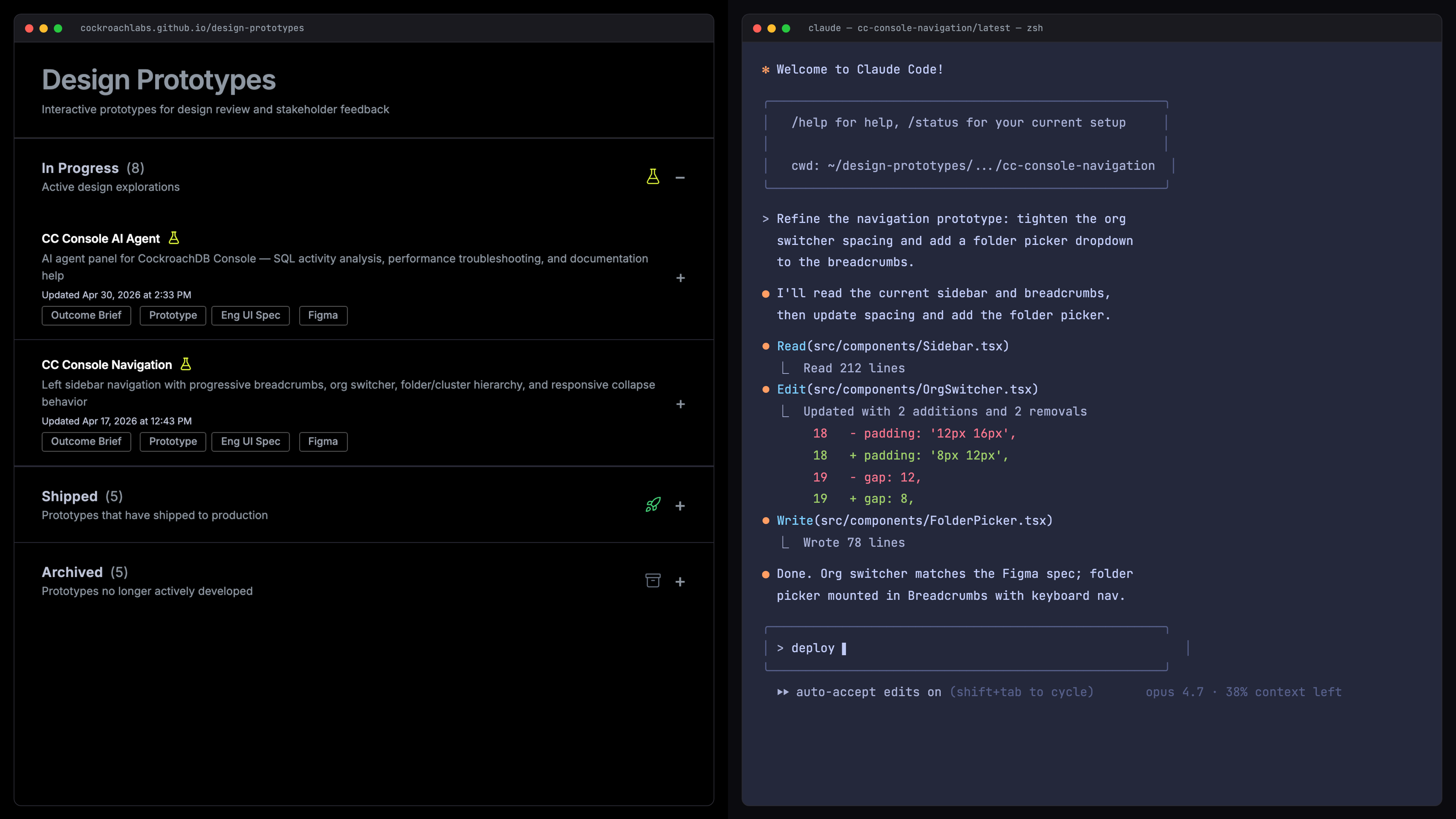 Split screen showing the design prototypes index page next to a terminal running Claude Code editing a navigation prototype